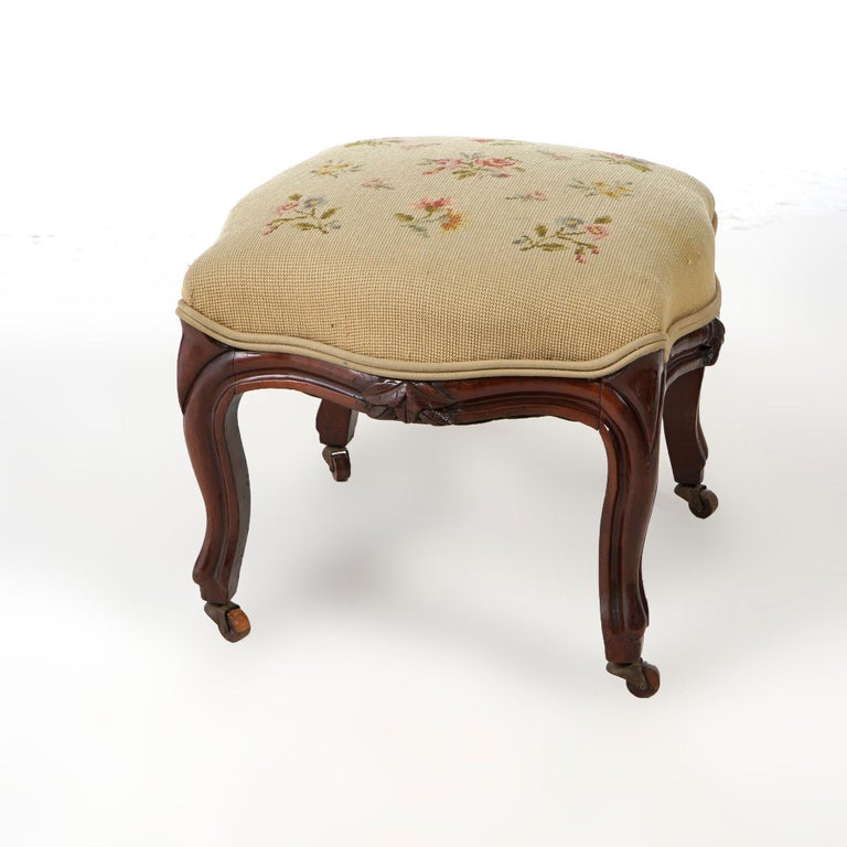 Antique French Victorian Needlepoint Upholstered Carved Walnut ...