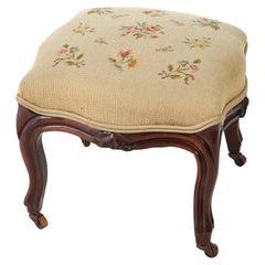 Antique French Victorian Needlepoint Upholstered Carved Walnut Footstool c1890