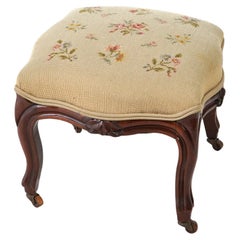 Antique French Victorian Needlepoint Upholstered Carved Walnut Footstool c1890