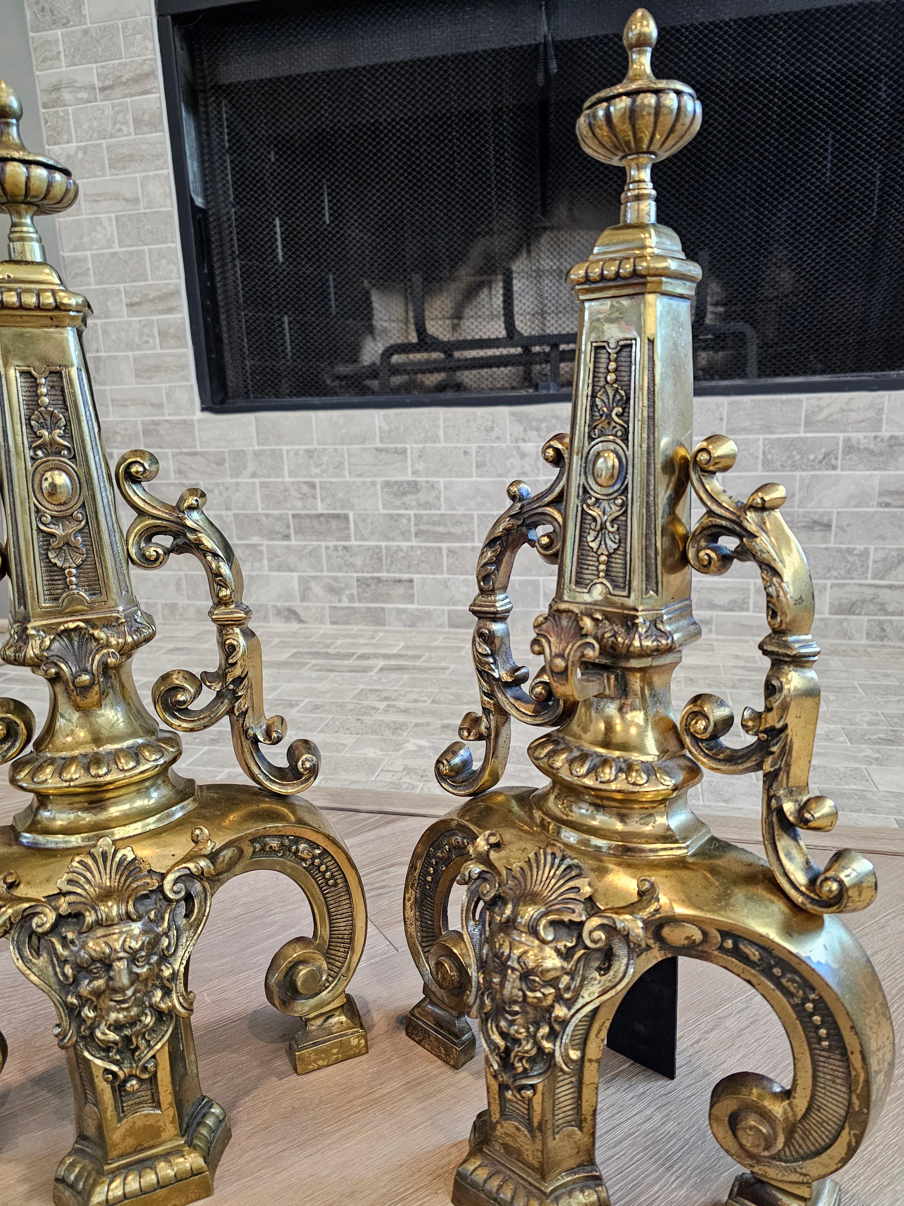 Français Antique French Victorian Neo-Renaissance Gilt Brass Andirons & Fender Bar Set en vente