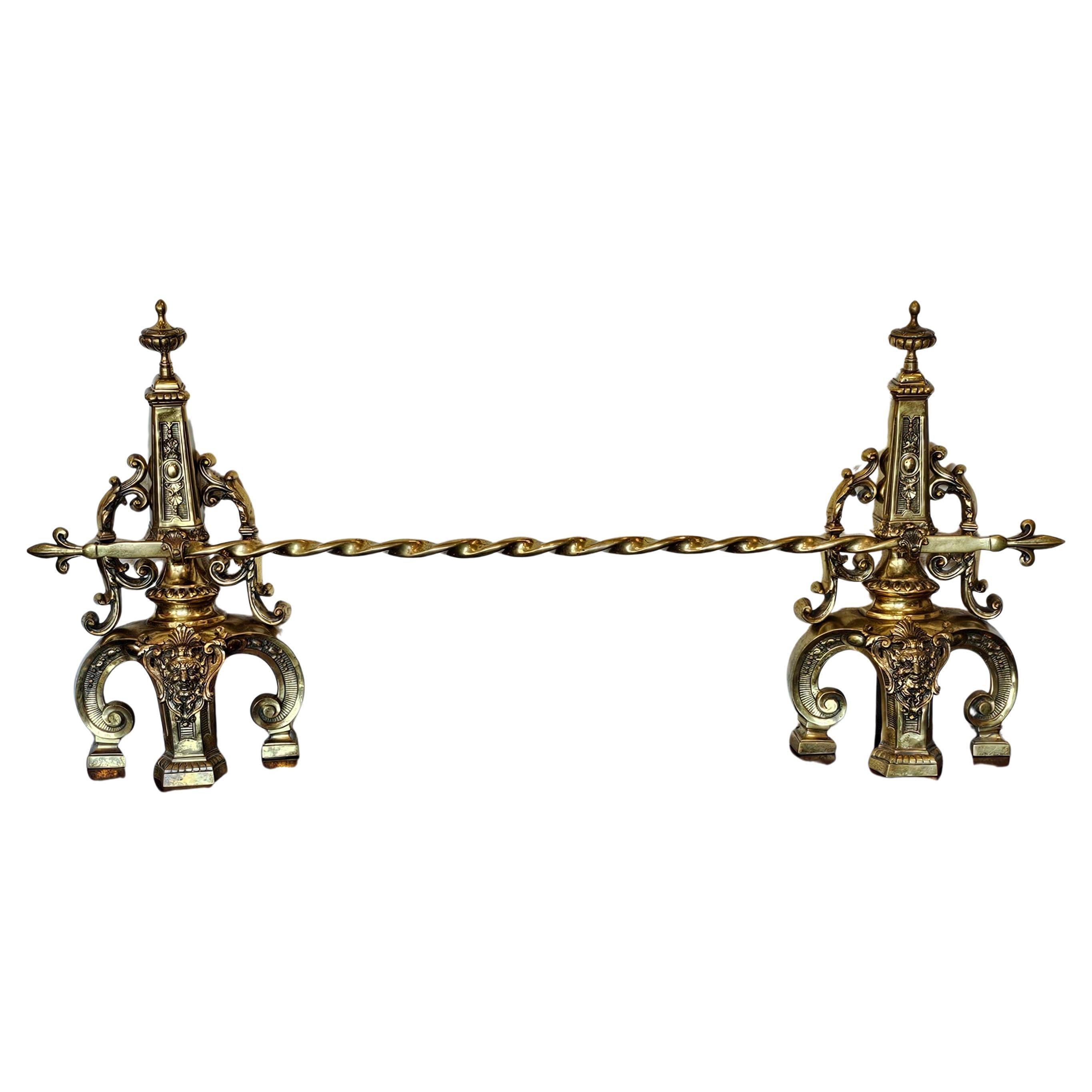 Antique French Victorian Neo-Renaissance Gilt Brass Andirons & Fender Bar Set en vente