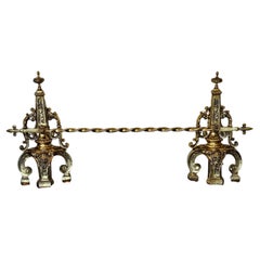 Antique French Victorian Neo-Renaissance Gilt Brass Andirons & Fender Bar Set