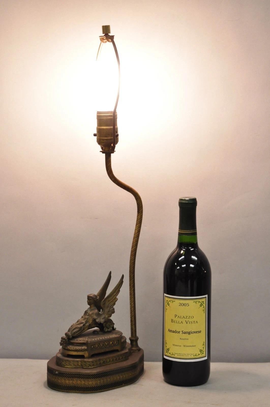 Antique French Victorian Neoclassical Small Gilt Brass Winged Maiden Table Lamp. Circa Early 20th Century. Measurements: 22