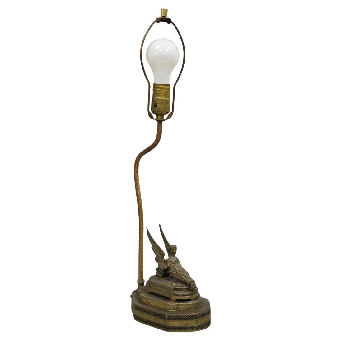 Antique French Victorian Neoclassical Small Gilt Brass Winged Maiden Table Lamp