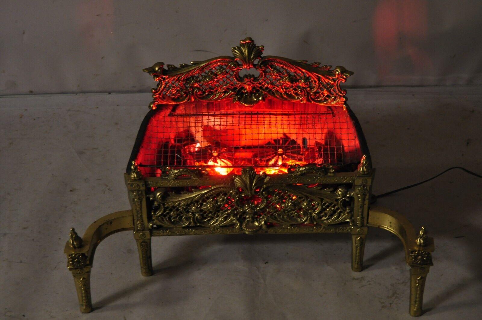 Antique French Victorian Style Ornate Brass Electric Light Glass Coal Fireplace Insert. Circa Early 20th Century. Measurements: 17