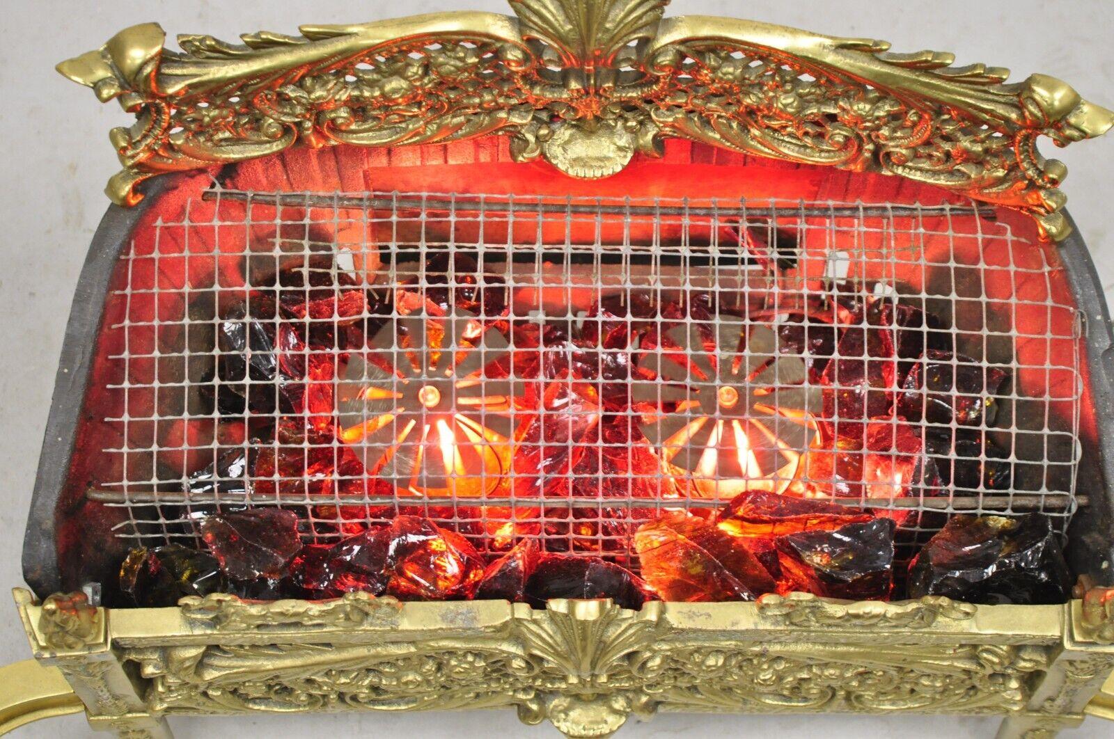 Sconosciuto Antique French Victorian Ornate Brass Electric Light Glass Coal Fireplace Insert (Inserto per caminetto a carbone) in vendita