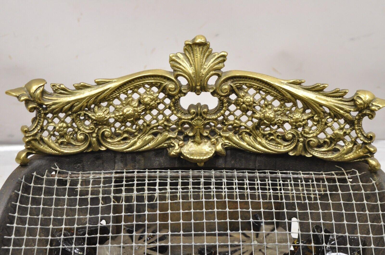 Unknown Antique French Victorian Ornate Brass Electric Light Glass Coal Fireplace Insert For Sale