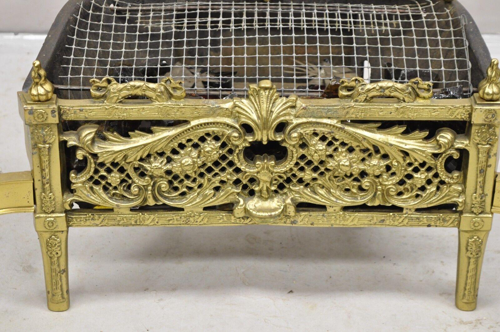 Antique French Victorian Ornate Brass Electric Light Glass Coal Fireplace Insert In Good Condition For Sale In Philadelphia, PA