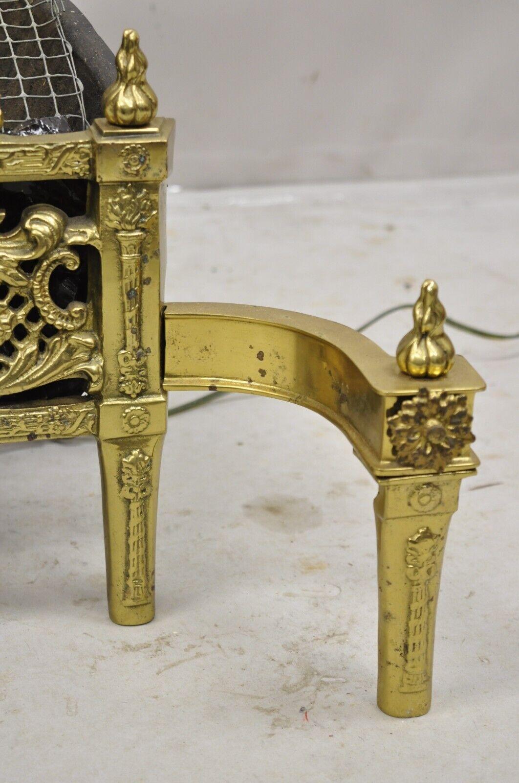 Antique French Victorian Ornate Brass Electric Light Glass Coal Fireplace Insert For Sale 1