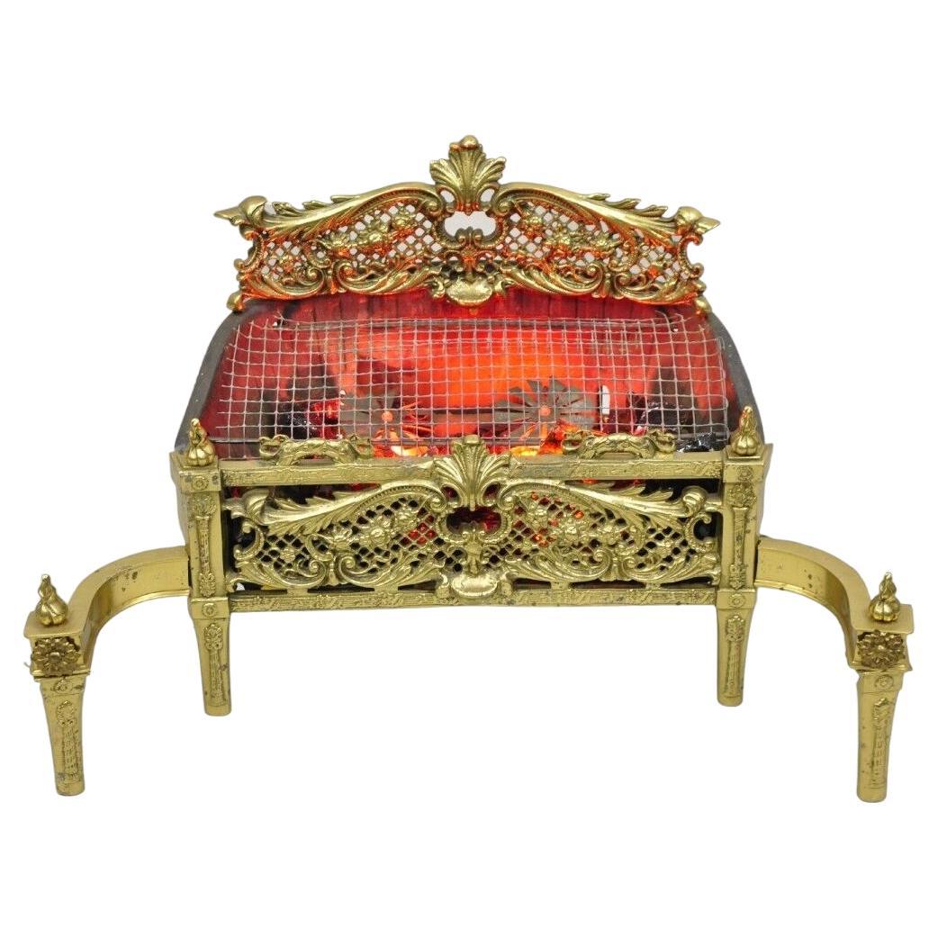 Antique French Victorian Ornate Brass Electric Light Glass Coal Fireplace Insert For Sale
