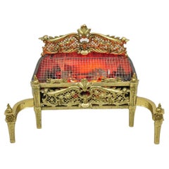 Used French Victorian Ornate Brass Electric Light Glass Coal Fireplace Insert