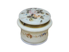 Antique French Victorian Painted Floral Opaline Glass Vanity Jar Casket 5" (Caja de cristal opalino pintado con flores)