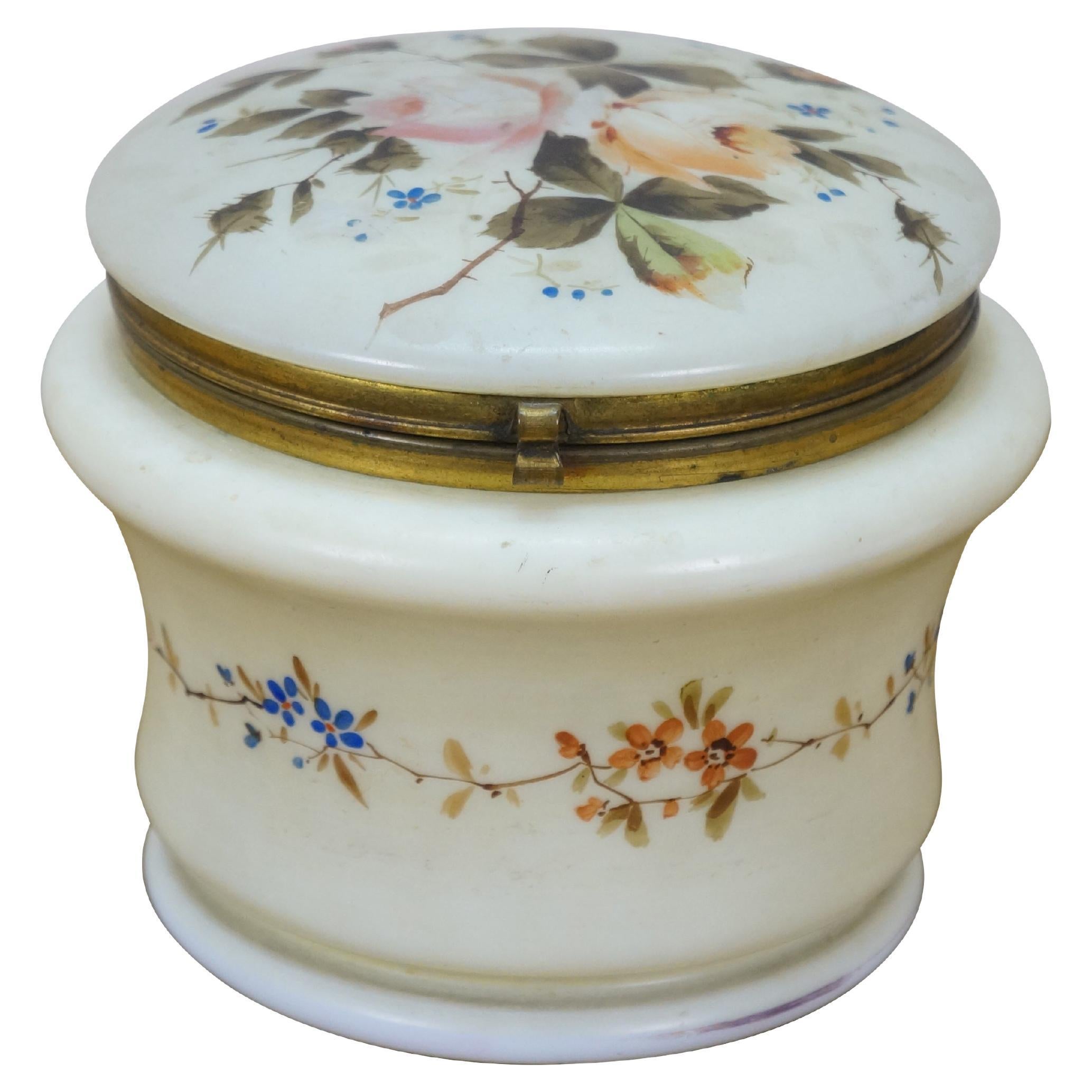 Antique French Victorian Painted Floral Opaline Glass Vanity Jar Casket 5" For Sale