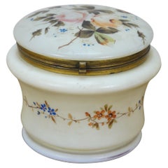 Antique French Victorian Painted Floral Opaline Glass Vanity Jar Casket 5"