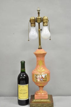 Antique French Victorian Paris Porcelain Coral Figural Painted Table Lamps, Pair