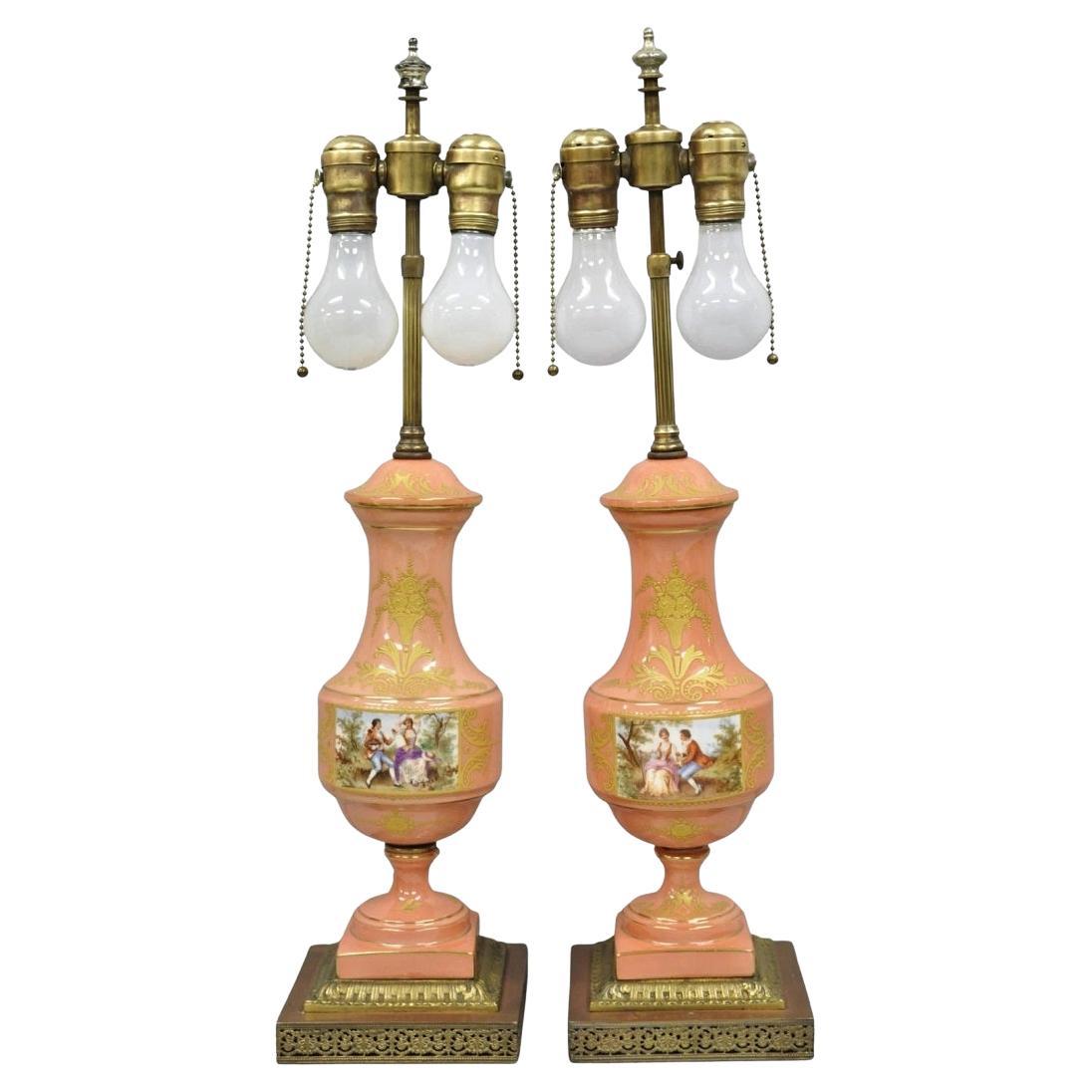 Antique French Victorian Paris Porcelain Coral Figural Painted Table Lamps, Pair
