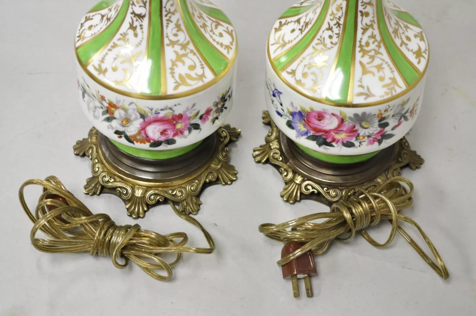 Antique French Victorian Paris Porcelain Green Floral Rose Table Lamps - a Pair For Sale 5
