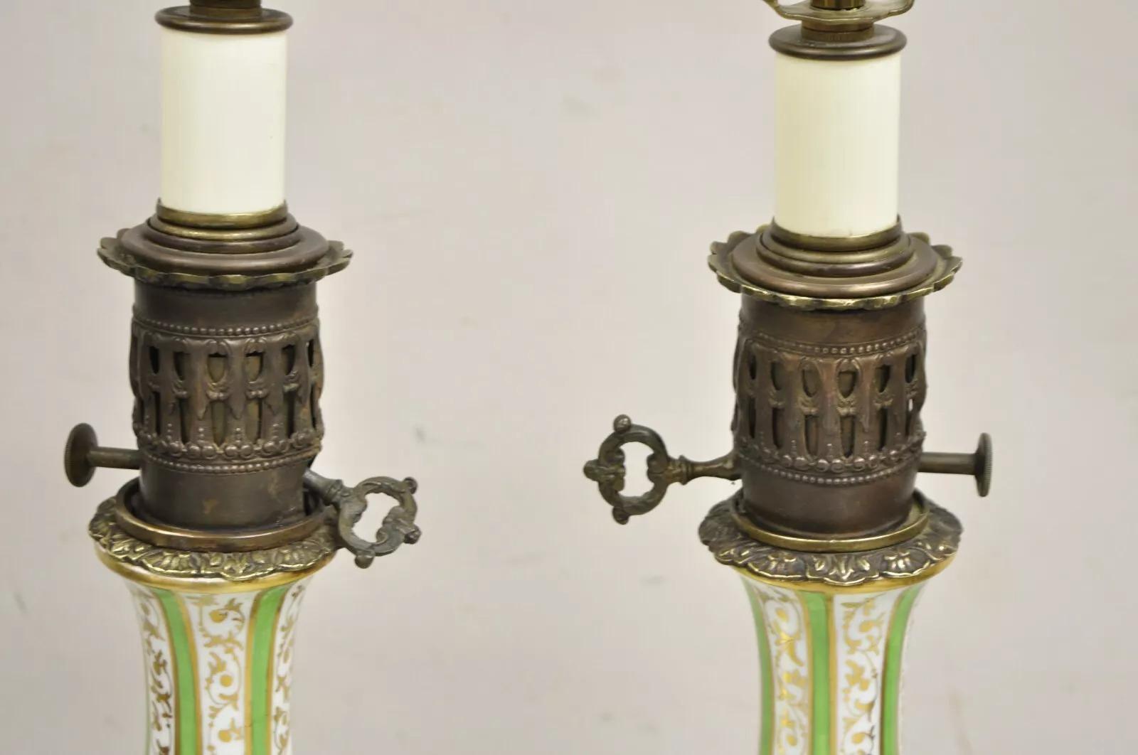 Antique French Victorian Paris Porcelain Green Floral Rose Table Lamps - a Pair For Sale 6