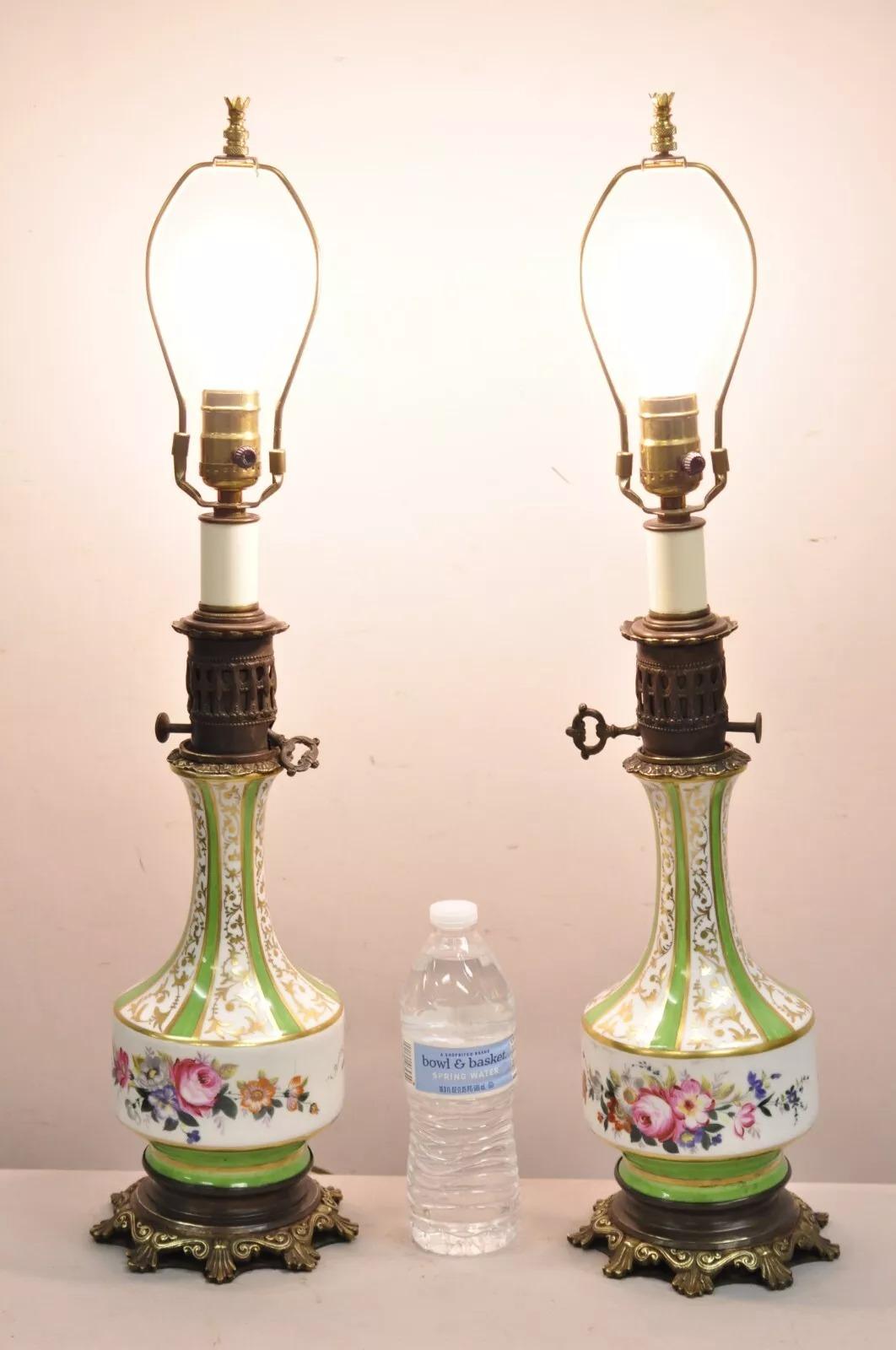 Antique French Victorian Paris Porcelain Green Floral Rose Table Lamps With Decorative Bronze Mounts - a Pair. Circa Early 20th Century. Measurements: 26