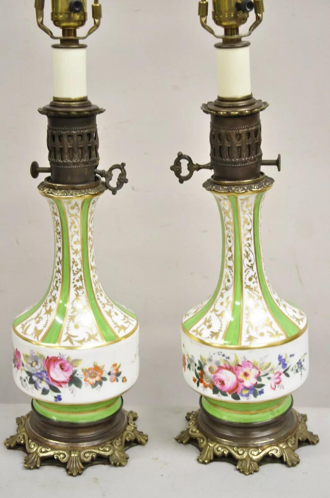 Unknown Antique French Victorian Paris Porcelain Green Floral Rose Table Lamps - a Pair For Sale