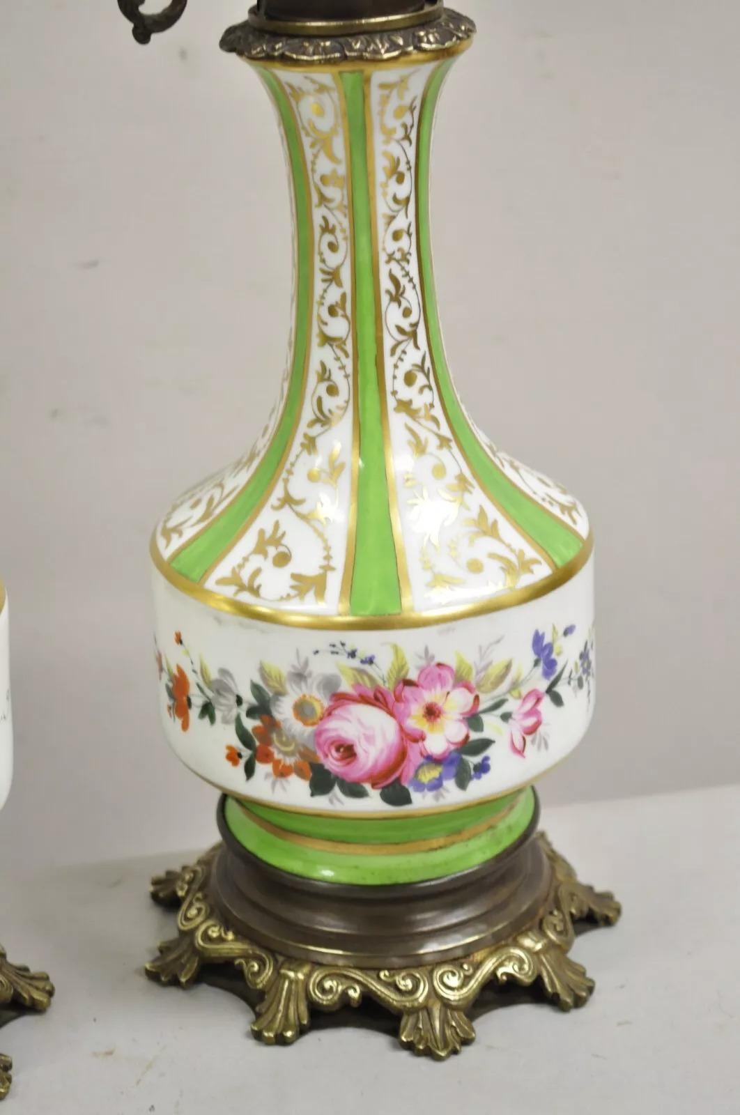 Antique French Victorian Paris Porcelain Green Floral Rose Table Lamps - a Pair In Good Condition For Sale In Philadelphia, PA