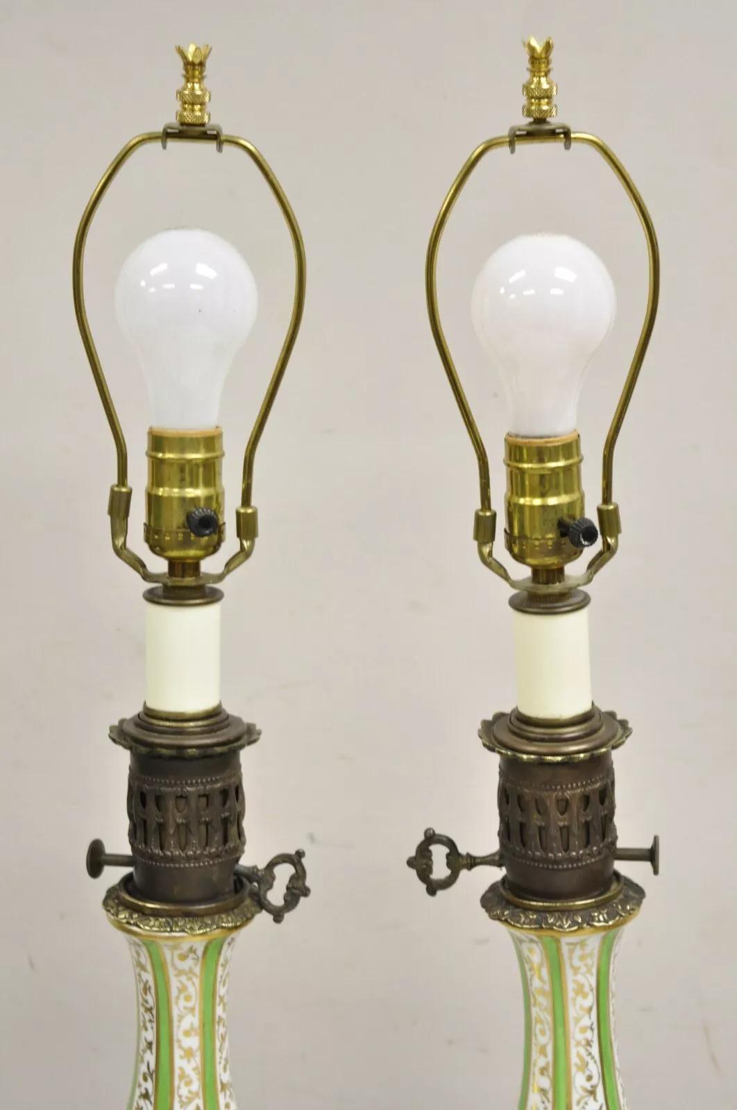 20th Century Antique French Victorian Paris Porcelain Green Floral Rose Table Lamps - a Pair For Sale