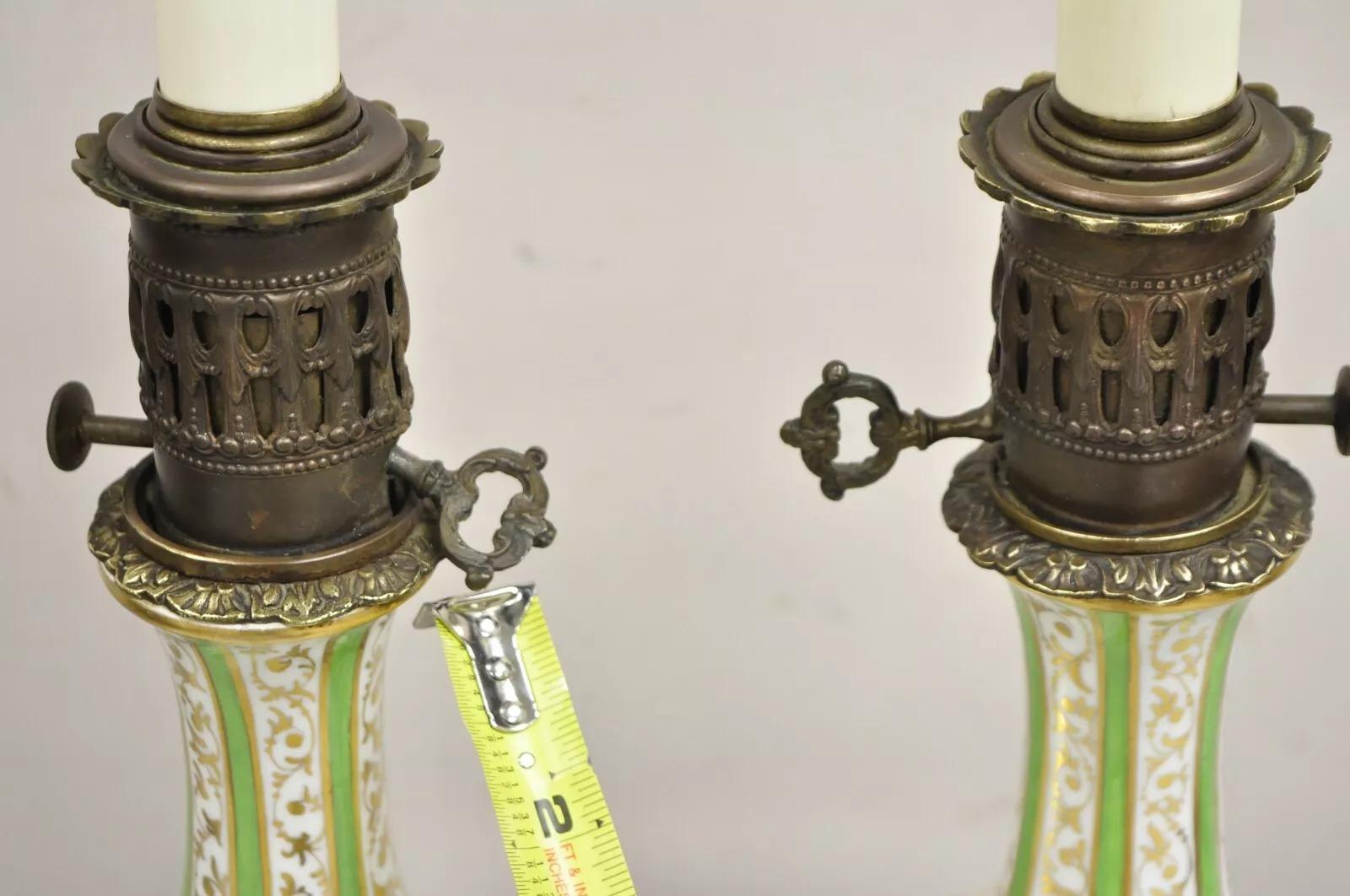 Antique French Victorian Paris Porcelain Green Floral Rose Table Lamps - a Pair For Sale 1