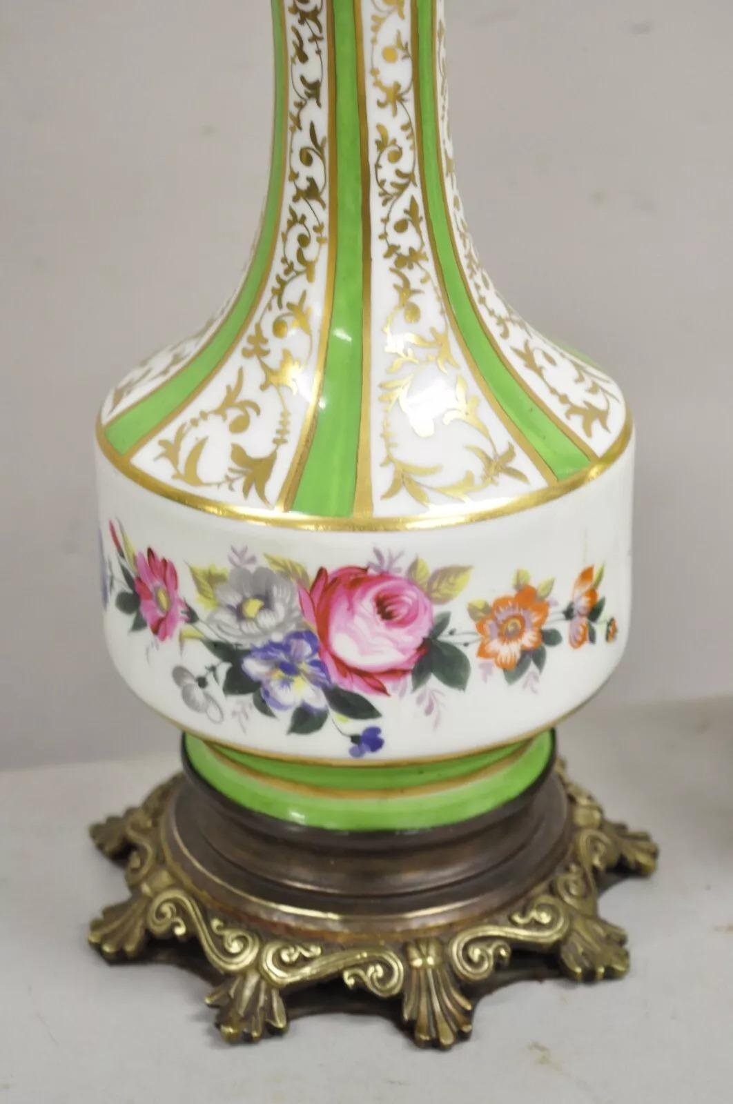 Antique French Victorian Paris Porcelain Green Floral Rose Table Lamps - a Pair For Sale 3