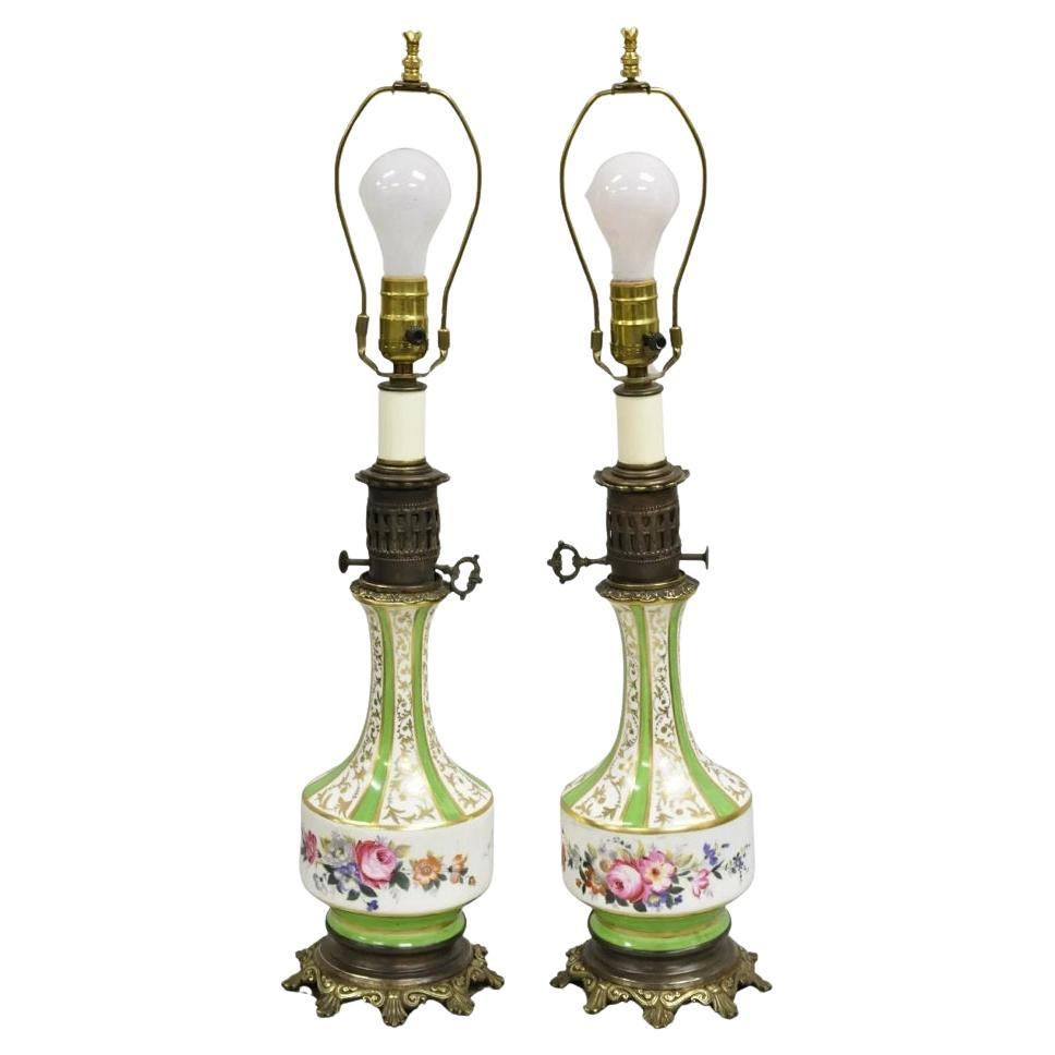 Antique French Victorian Paris Porcelain Green Floral Rose Table Lamps - a Pair For Sale