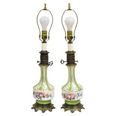 Antique French Victorian Paris Porcelain Green Floral Rose Table Lamps - a Pair