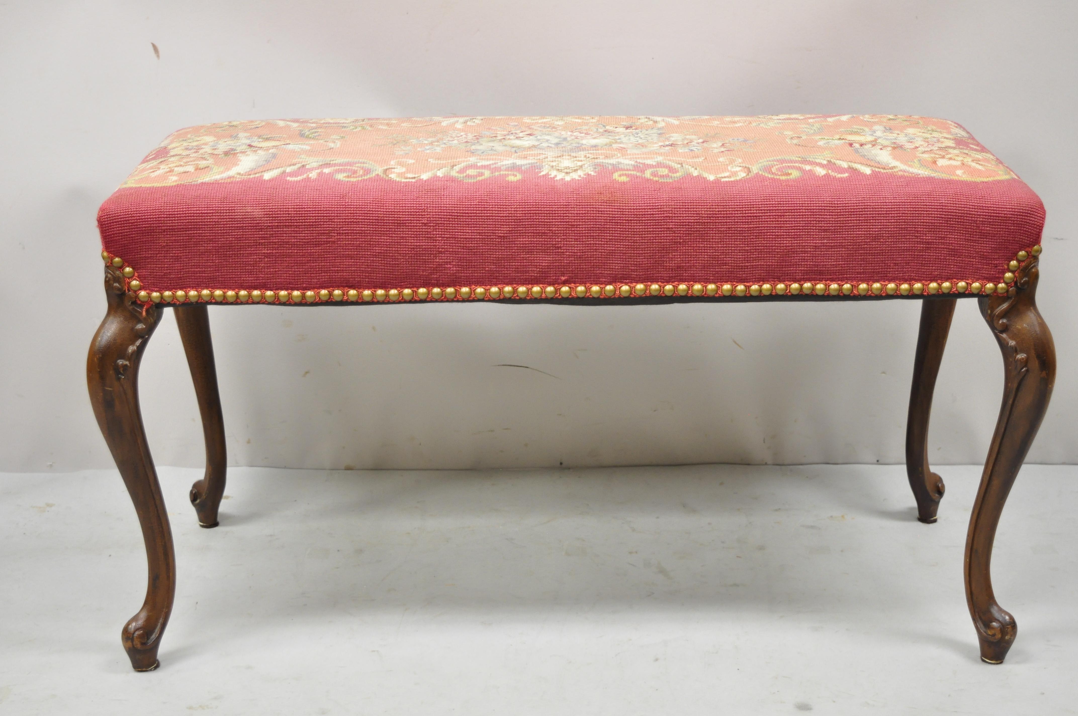 Antique French Victorian Pink Floral Needlepoint Mahogany Cabriole Leg Bench 4