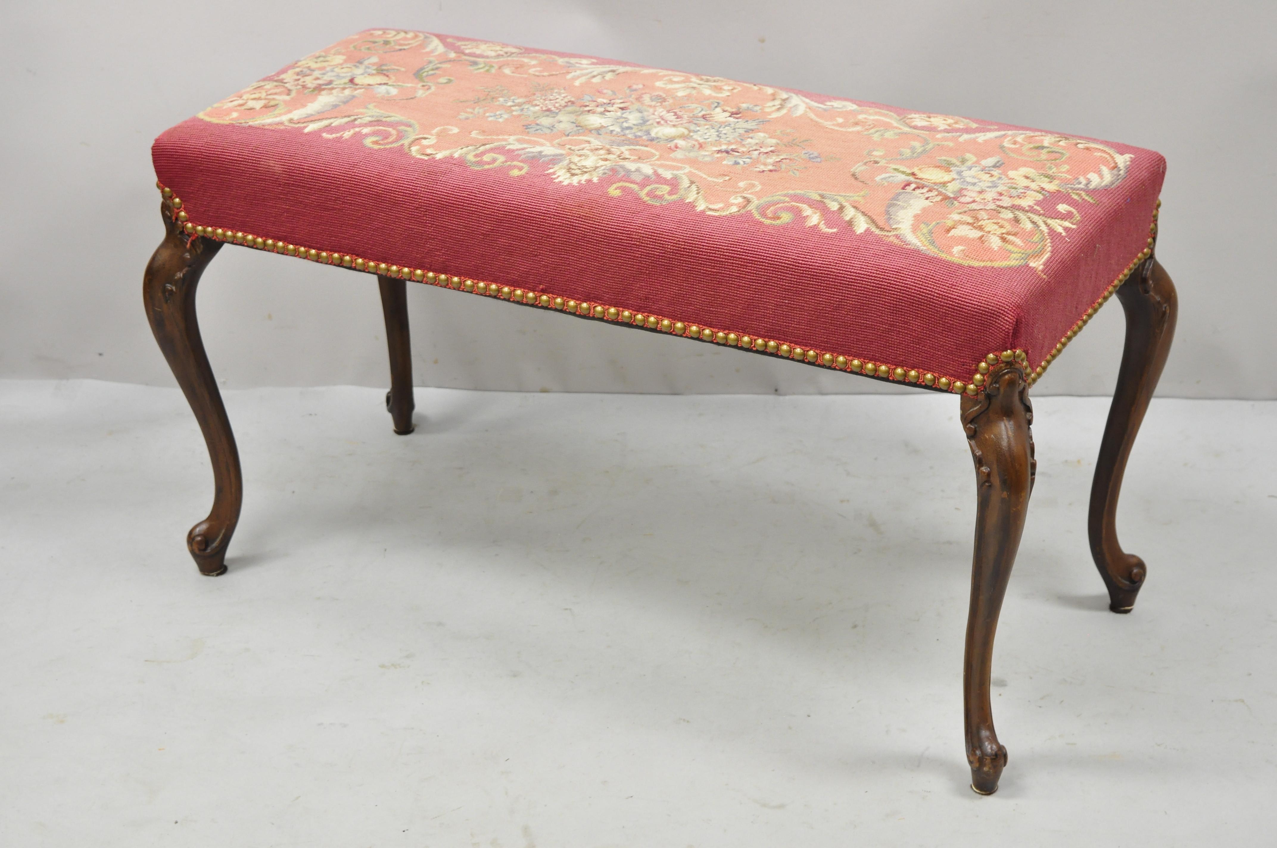 North American Antique French Victorian Pink Floral Needlepoint Mahogany Cabriole Leg Bench
