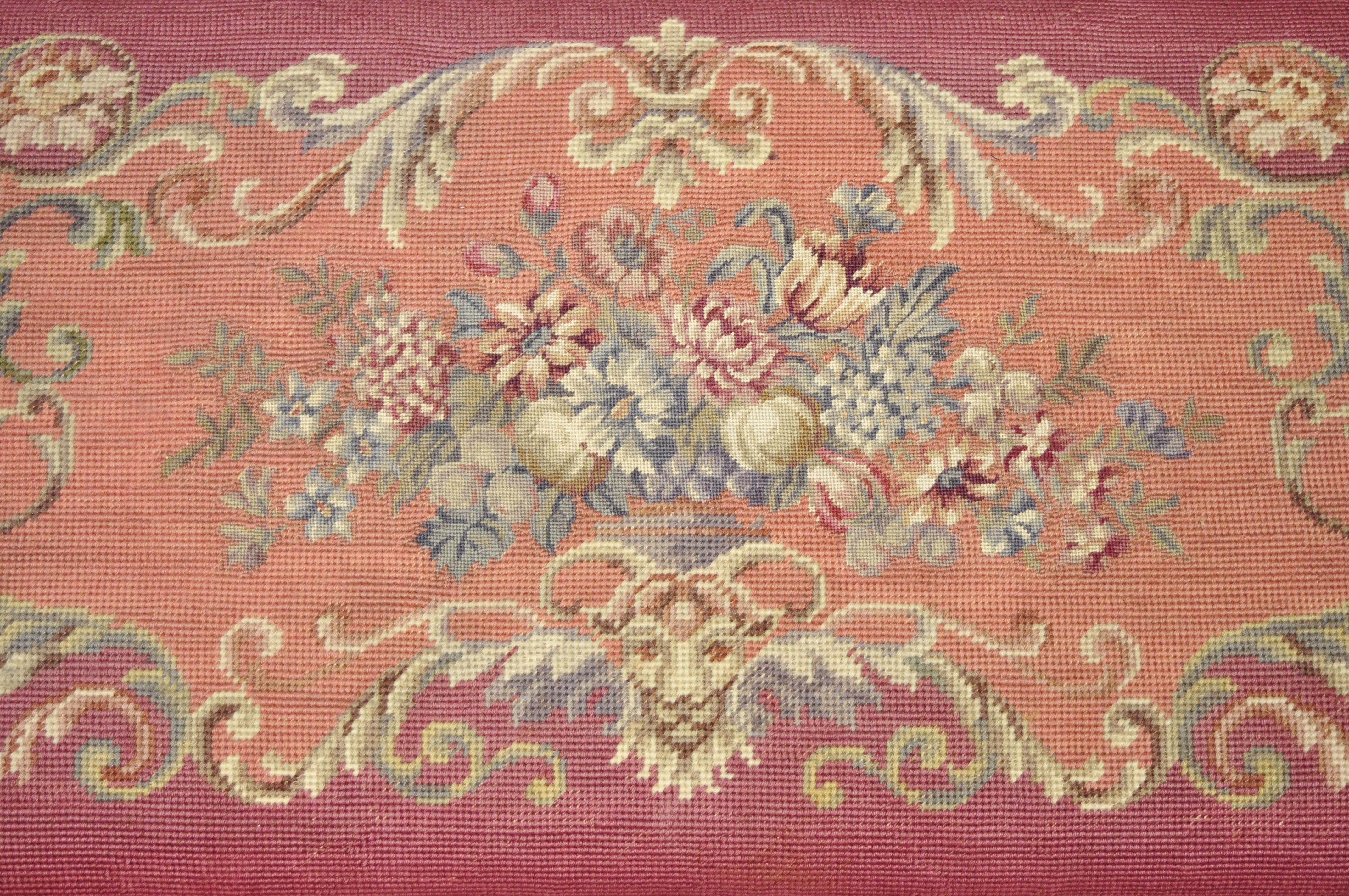 Fabric Antique French Victorian Pink Floral Needlepoint Mahogany Cabriole Leg Bench