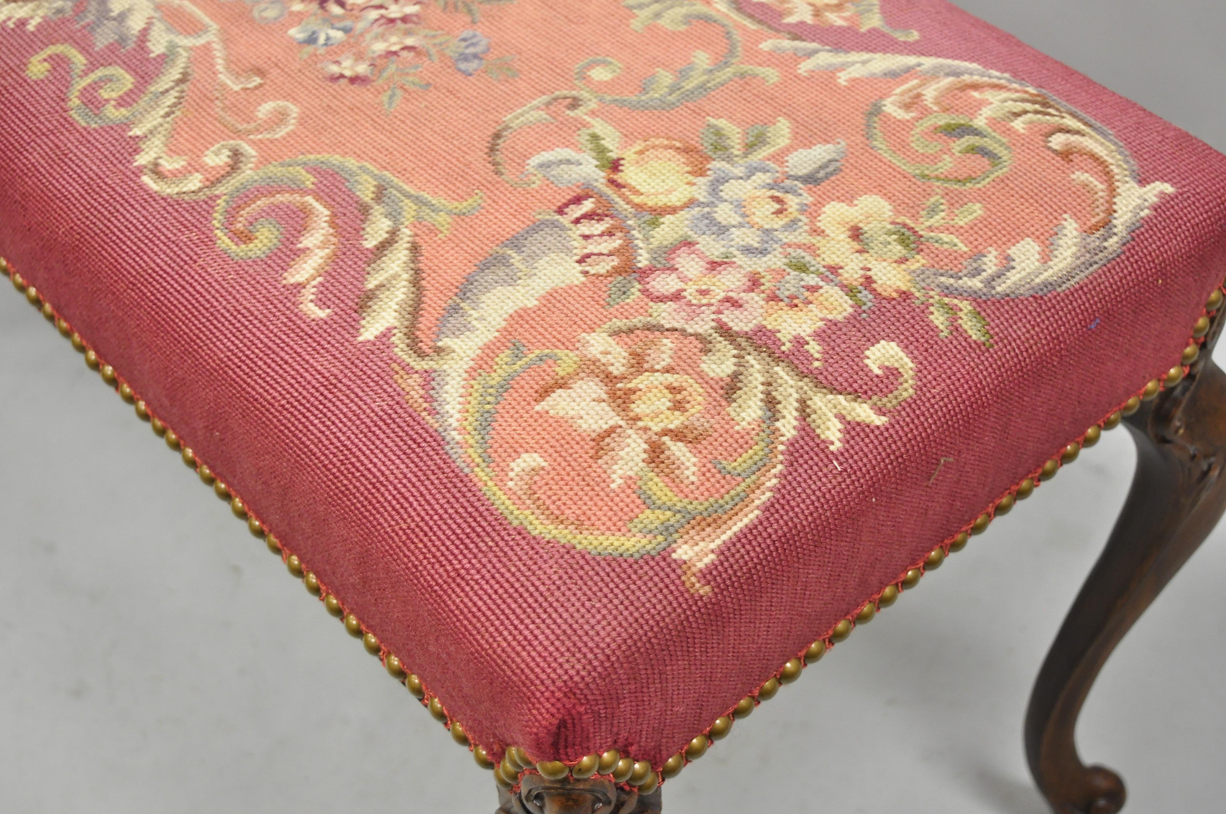 Antique French Victorian Pink Floral Needlepoint Mahogany Cabriole Leg Bench 1