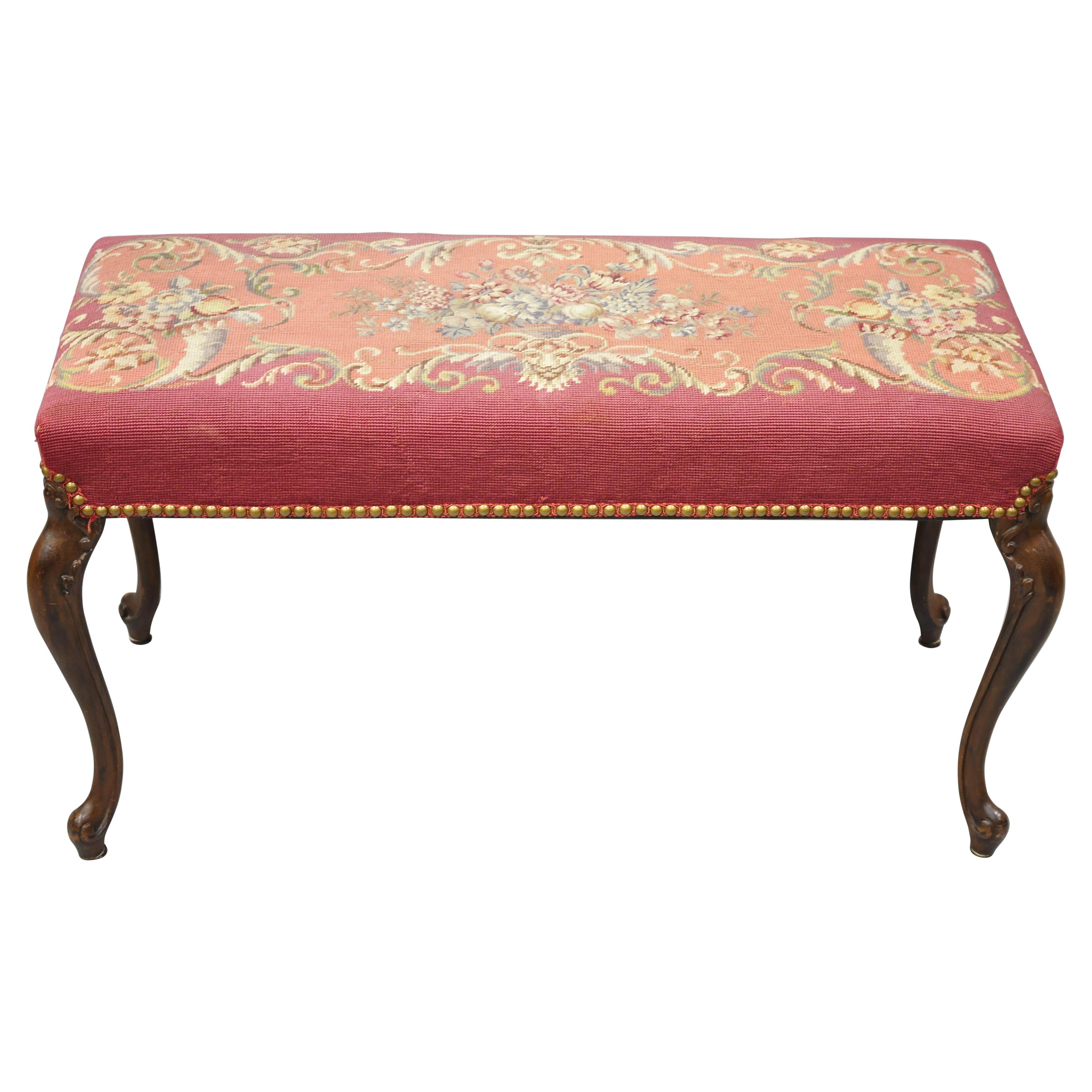 Antique French Victorian Pink Floral Needlepoint Mahogany Cabriole Leg Bench