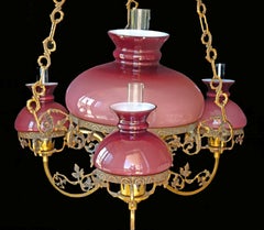 Antique French Victorian Pink Glass Shades & Bronze Hanging Oil Lamp Chandelier
