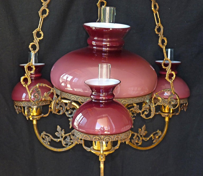 Antique French Victorian Pink Glass Shades and Bronze Hanging Oil Lamp