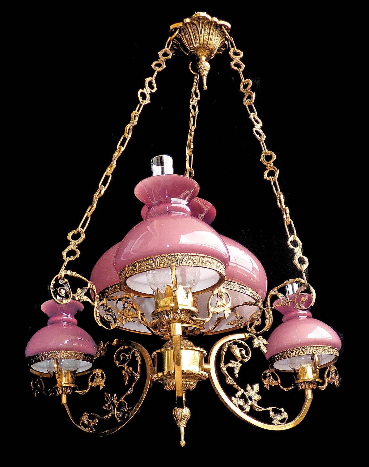 Art Deco Antique French Victorian Pink Glass Shades & Bronze Hanging Oil Lamp Chandelier
