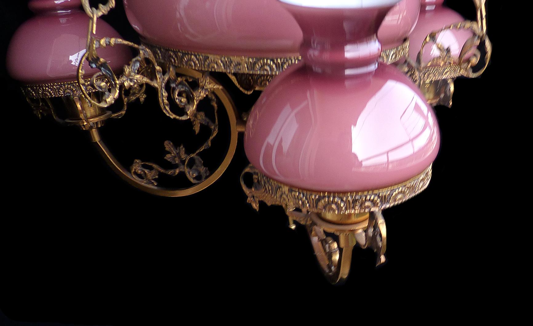 Gilt Antique French Victorian Pink Glass Shades & Bronze Hanging Oil Lamp Chandelier