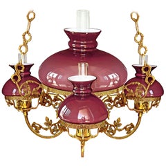 Vintage French Victorian Pink Glass Shades & Bronze Hanging Oil Lamp Chandelier