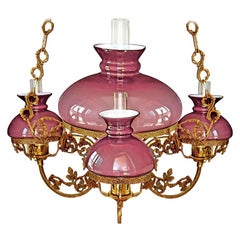 Vintage French Victorian Pink Glass Shades & Bronze Hanging Oil Lamp Chandelier