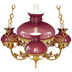 Antique French Victorian Pink Glass Shades & Bronze Hanging Oil Lamp Chandelier