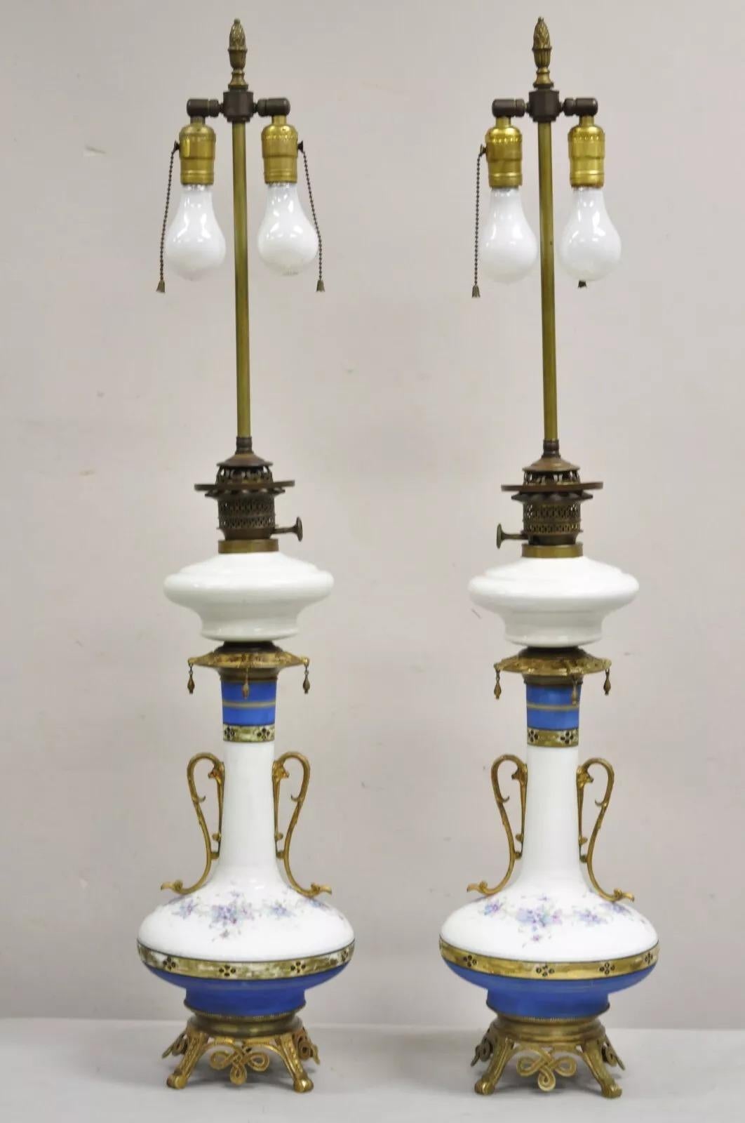 Antique French Victorian Porcelain German Oil Lamp Convert Table Lamp - a Pair For Sale 5