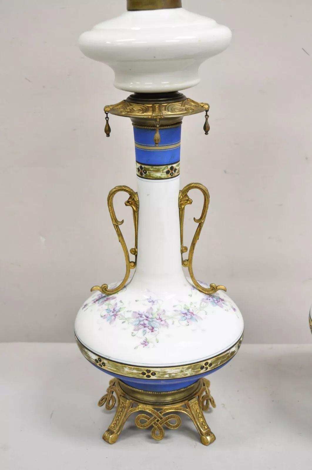 Unknown Antique French Victorian Porcelain German Oil Lamp Convert Table Lamp - a Pair For Sale