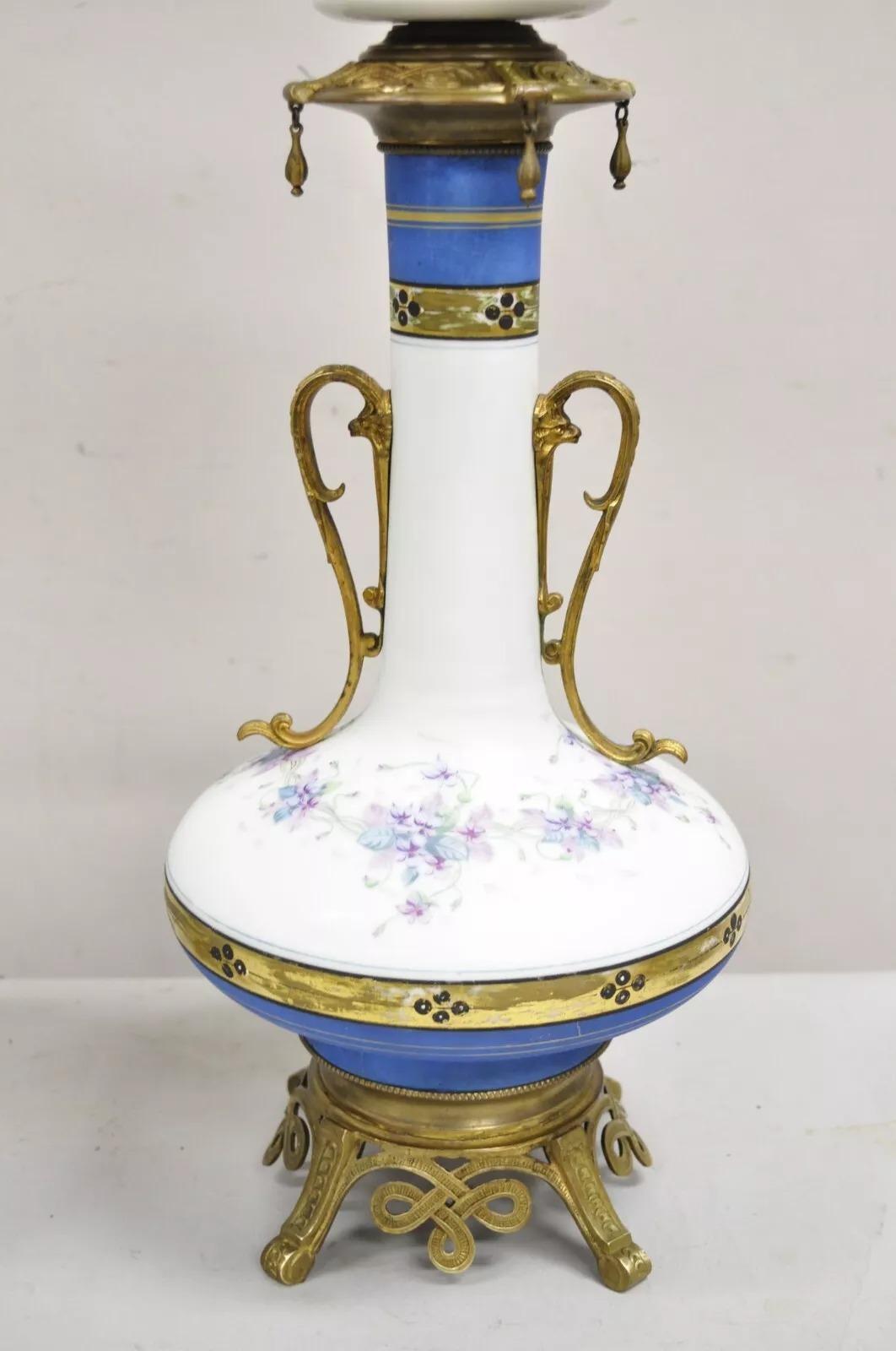 Antique French Victorian Porcelain German Oil Lamp Convert Table Lamp - a Pair In Good Condition For Sale In Philadelphia, PA