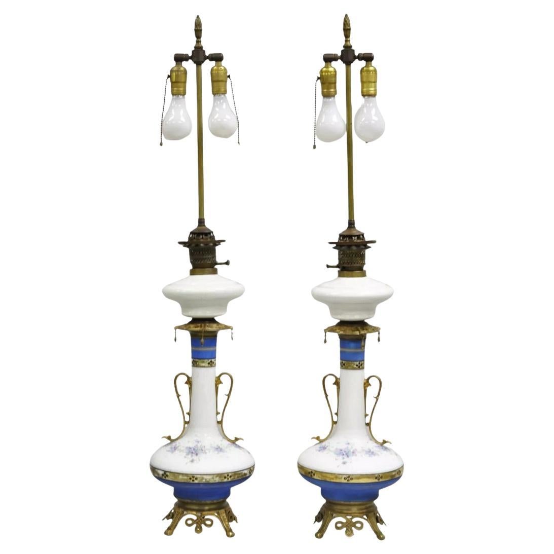 Antique French Victorian Porcelain German Oil Lamp Convert Table Lamp - a Pair