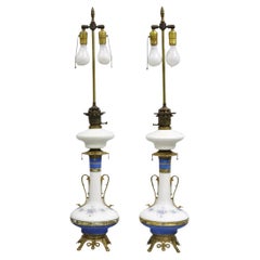 Antique French Victorian Porcelain German Oil Lamp Convert Table Lamp - a Pair