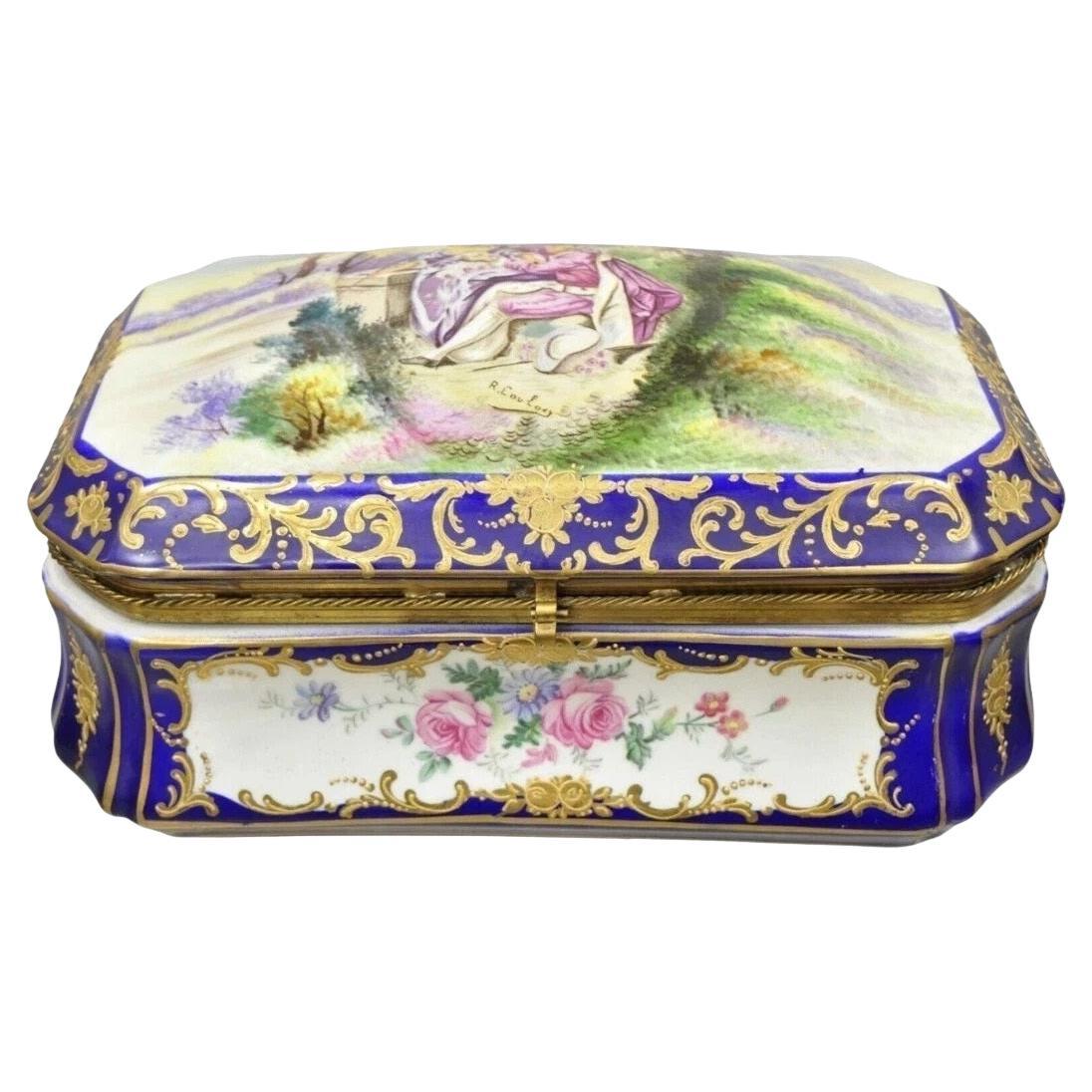 Antique French Victorian Porcelain Hand Painted Hinged Jewelry Trinket Box