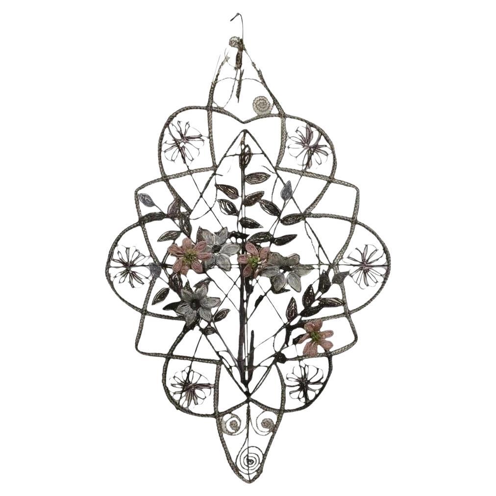 Antique French Victorian Purple Glass Beaded Memorial Wreath Wall Art Sculpture