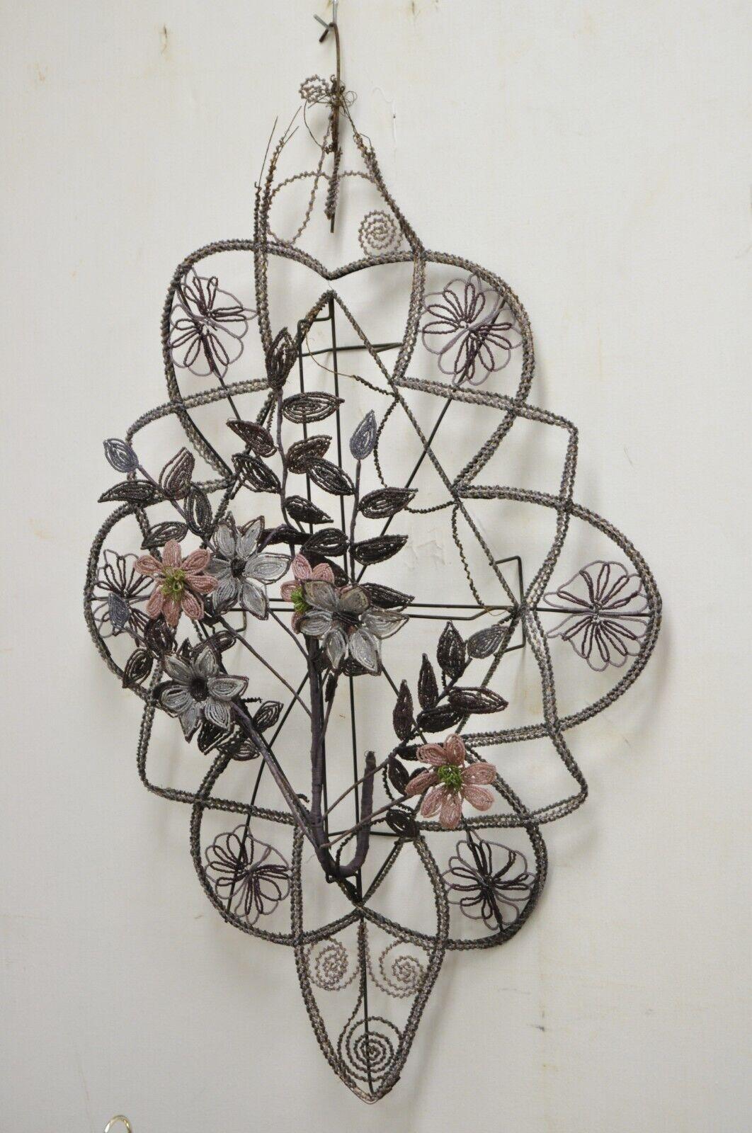 Antique french Victorian purple glass beaded memorial wreath wall sculpture. Circa 19th century. Measurements: 40